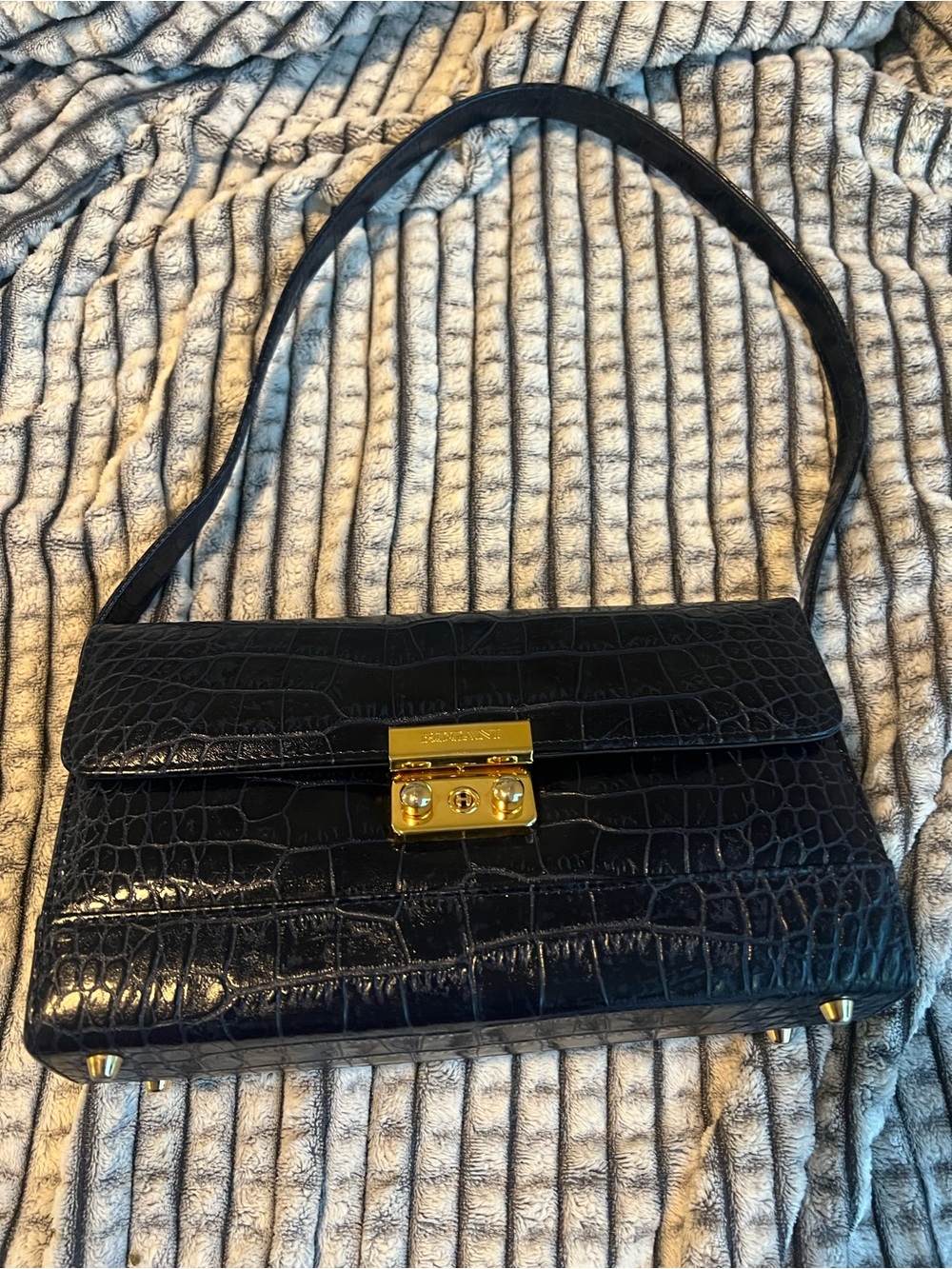 Blue Francesco Rogani Croc-Embossed Shoulder Bag with Gold Hardware
